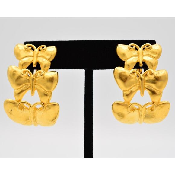 Givenchy Vintage Butterfly Clip On Earrings Brushed Gold Chunky Signed 80s Bin1